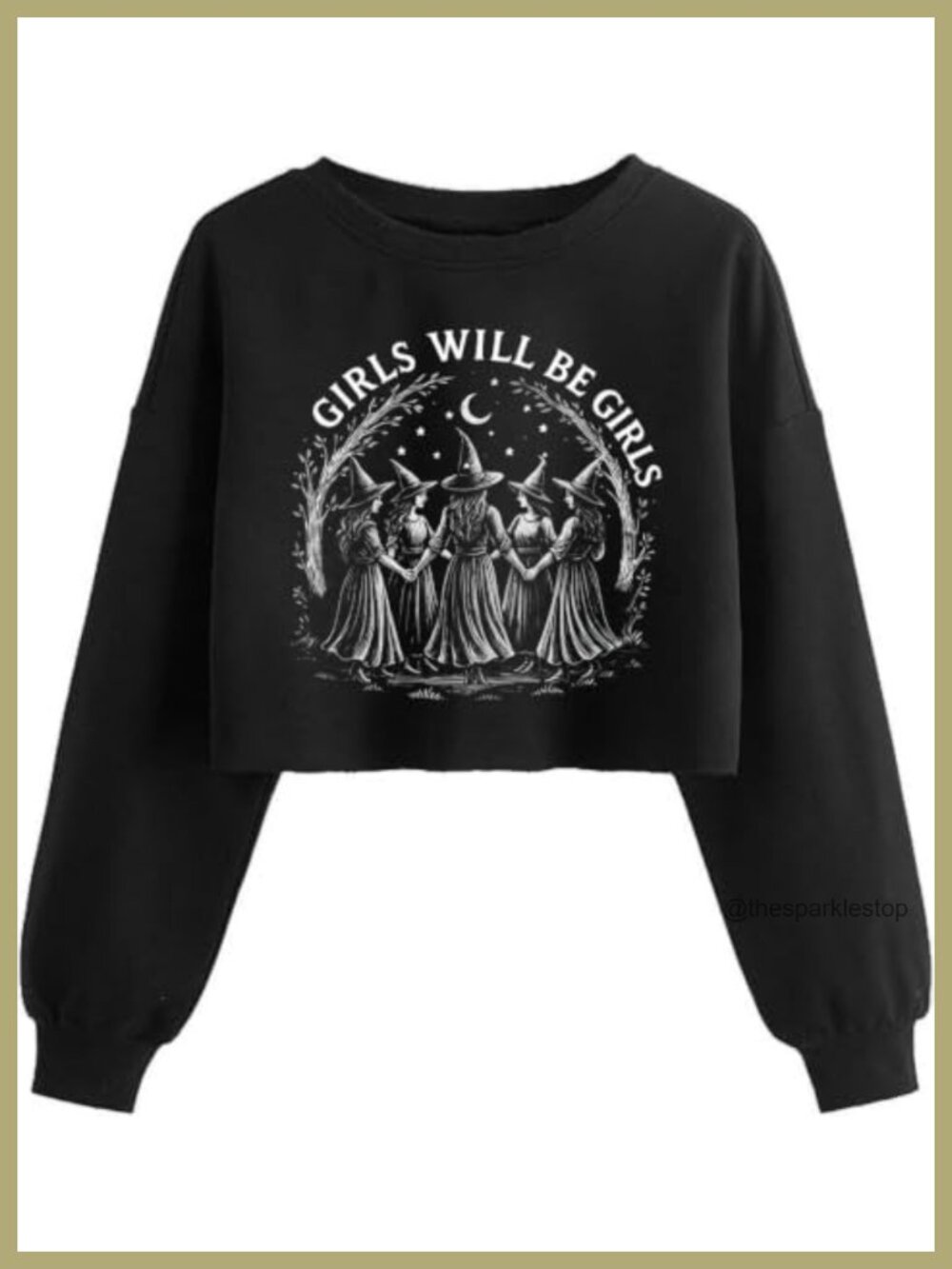 Womens Halloween Thanksgiving Crop Sweatshirt Witches Print Crew Neck